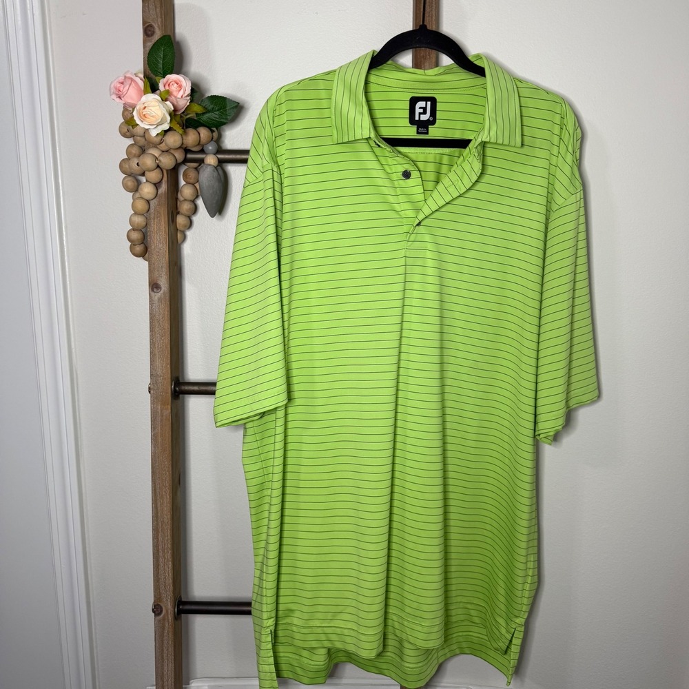 FootJoy Mens Golf Polo Shirt Lime Green Stripe Short‎ Sleeve XL